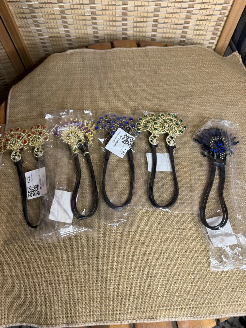 New***Jeweled Peacock Hair Tie - Gold with Multicolor Stones-set of 5